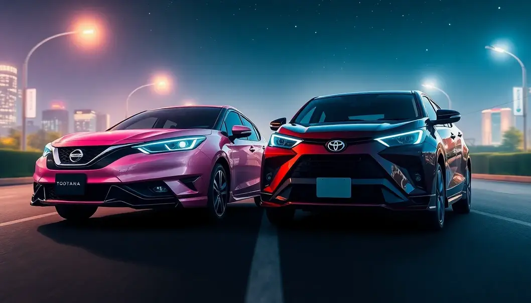 Two anime-inspired cars on a lit boulevard under a starry sky, showcasing distinct features.