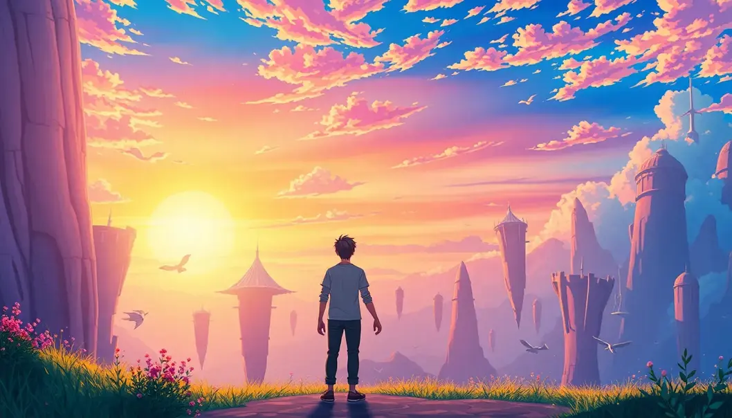 Two anime characters holding hands, gazing at a fantastical horizon with flying islands.