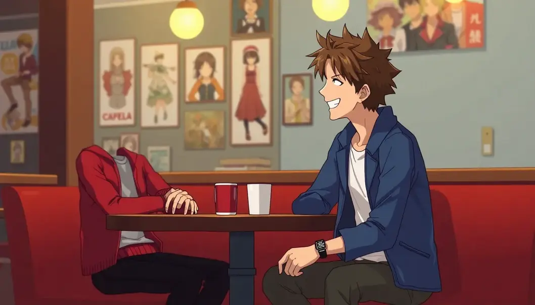 Anime characters engage in lively conversation at a themed café.