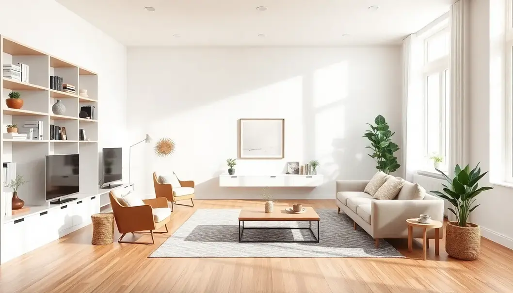 A bright and tidy living room with simple decor and organized shelves.