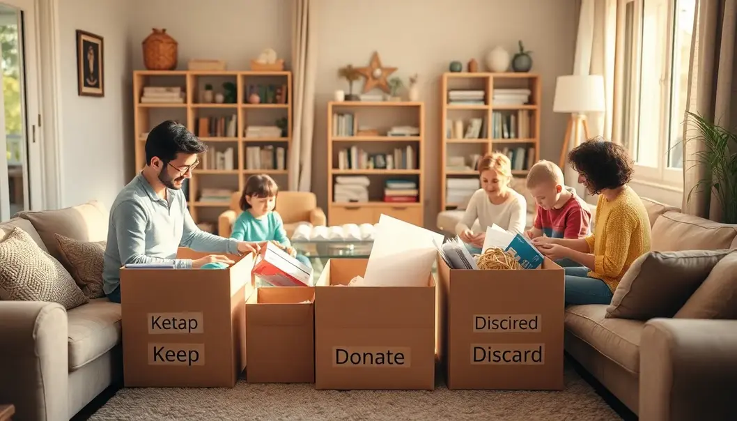 A family working together to declutter their living space.