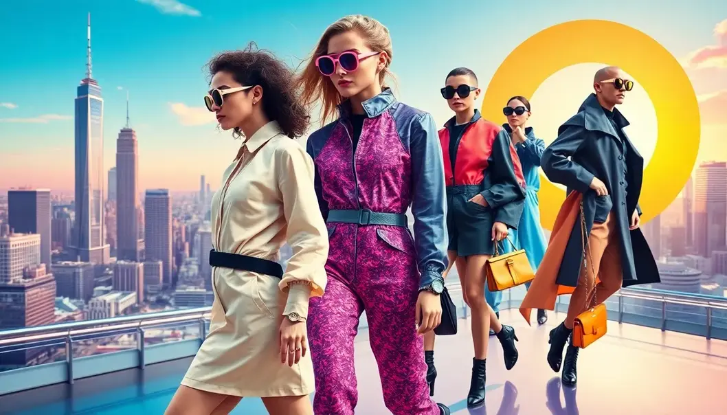 Models wearing futuristic fashion in a modern cityscape.
