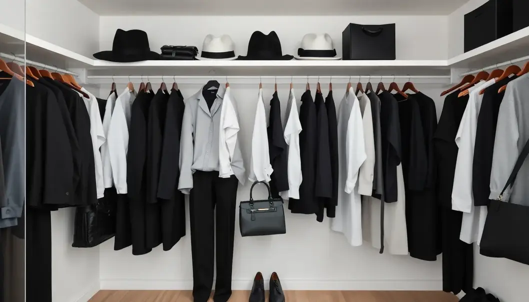 A tidy closet showcasing the elegance and versatility of monochrome fashion essentials.