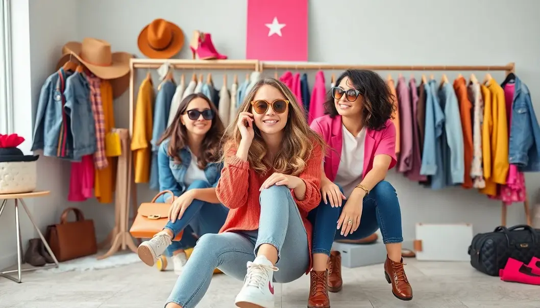 A group of petite teenage girls exploring vibrant fashion in a lively setting.