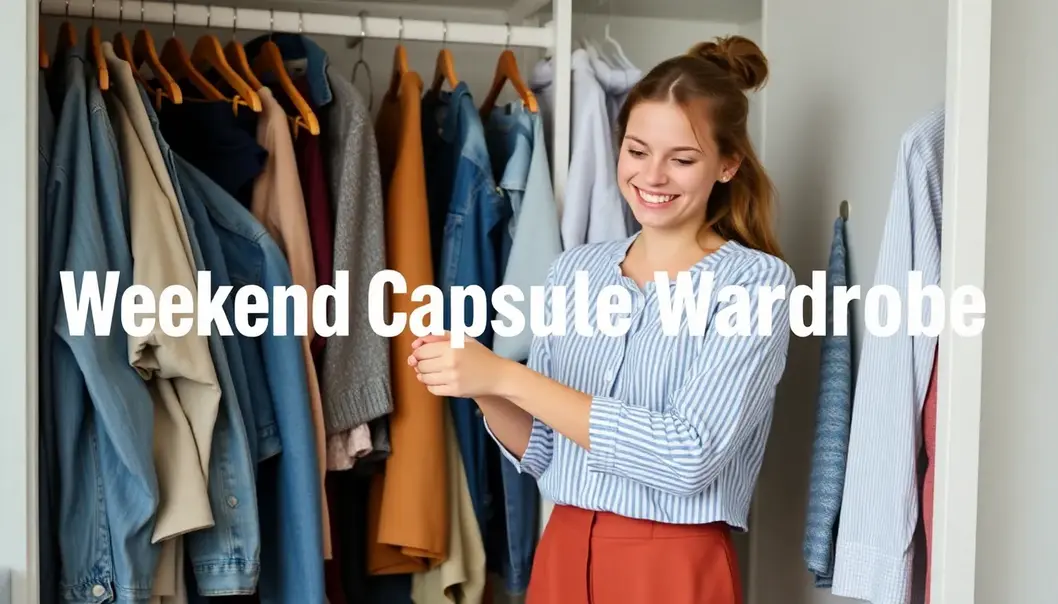 A teenage girl arranging outfits in a neatly organized capsule wardrobe.