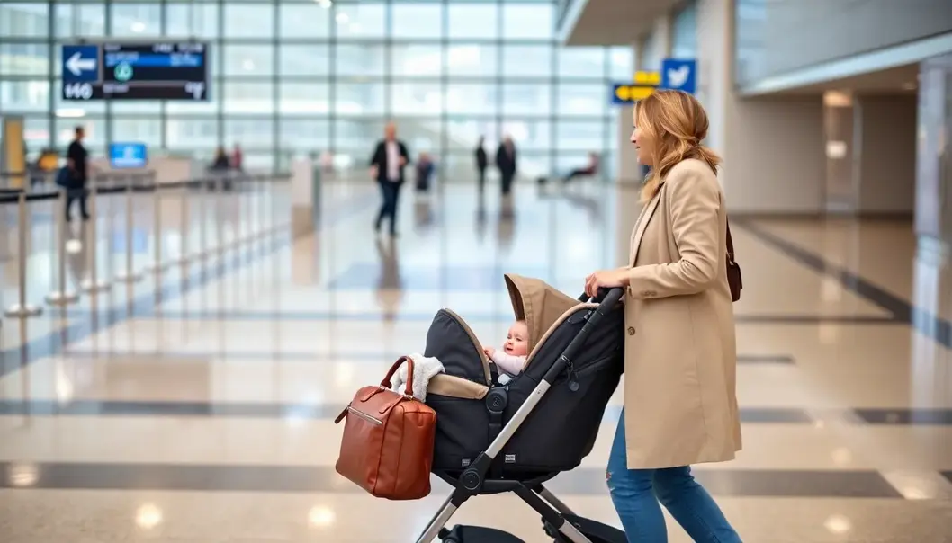 A new mom at the airport with a stroller, displaying travel-friendly fashion essentials.